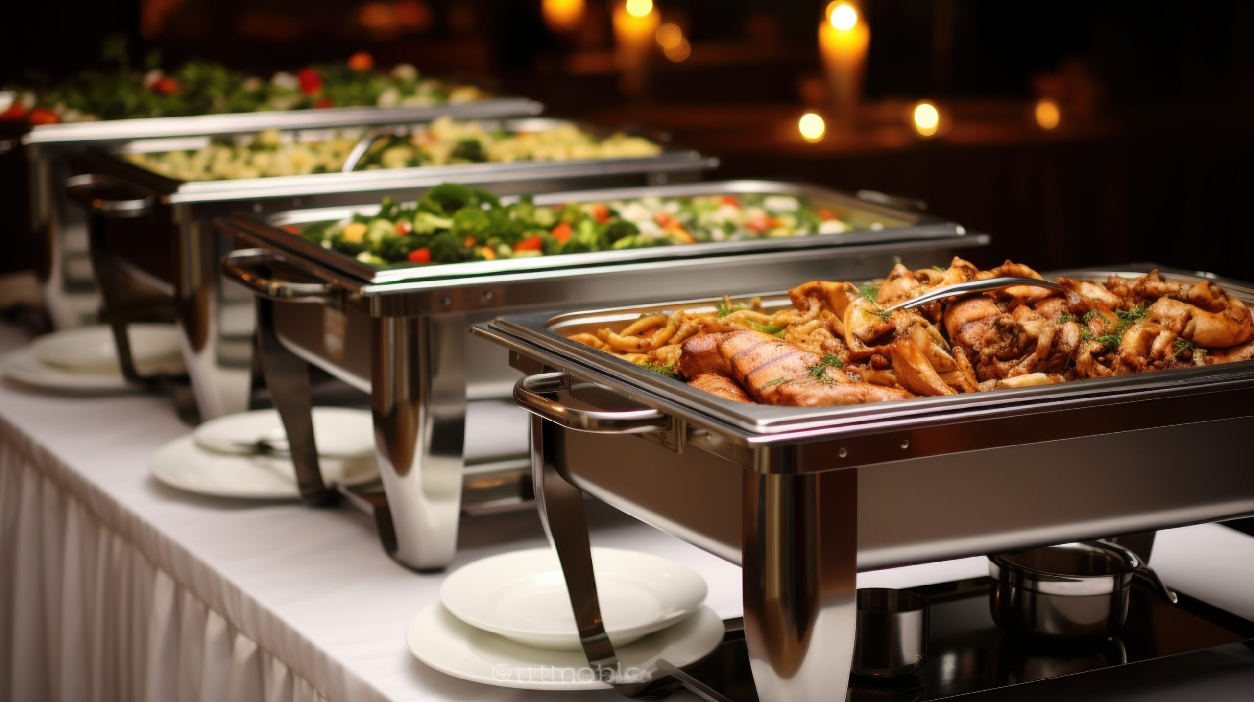 Chafing dishes filled with a variety of delicious foods at a catering event, ready to serve guests and enhance the celebration.
