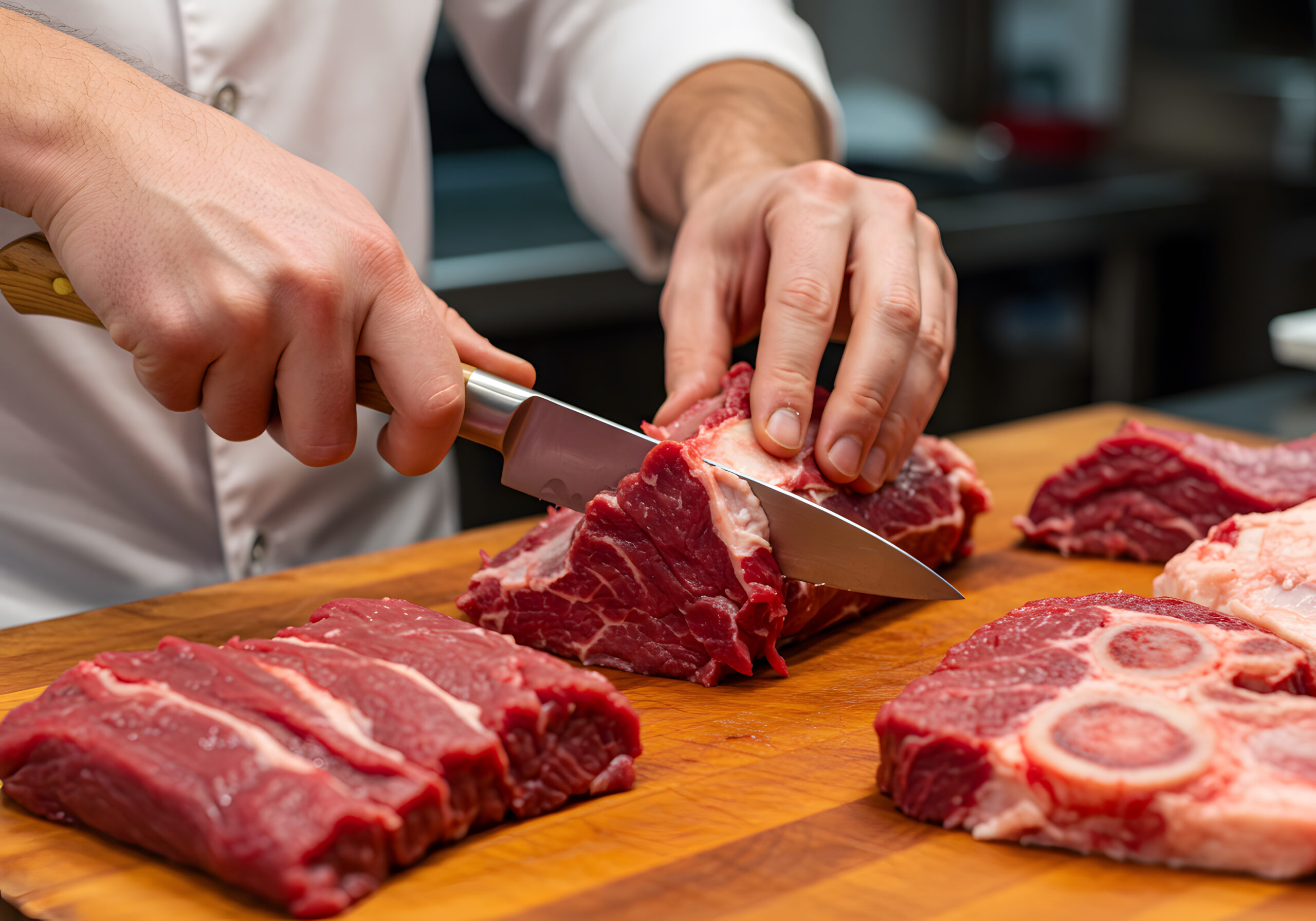 Butcher’s Hands Trimming Fresh Beef on Wooden Cutting Board Chef slicing raw red meat on a wooden cutting board in a kitchen.